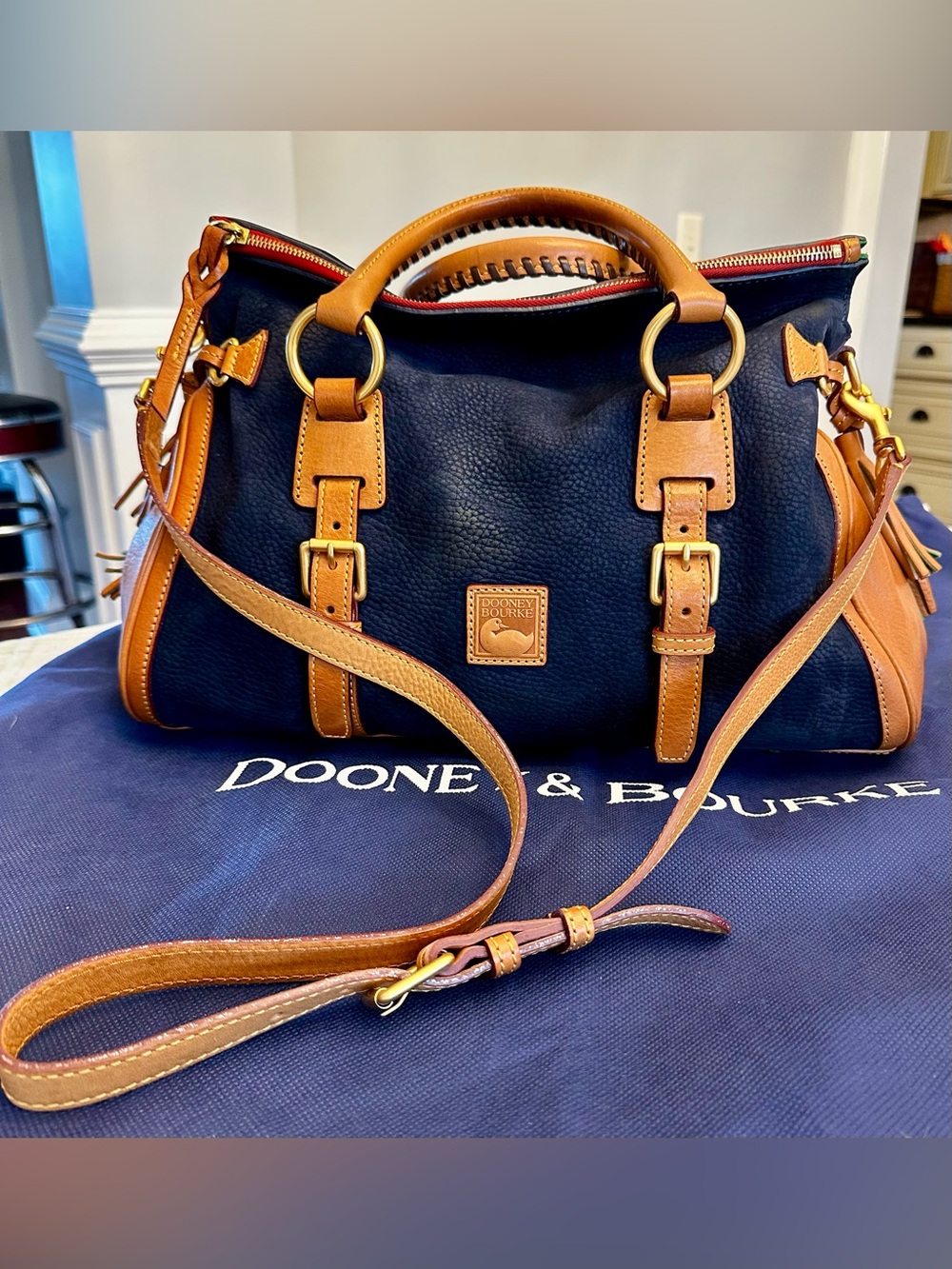 Dooney & Bourke Jones Satchel Navy Nubuck Florentine Leather w/ Dust Bag